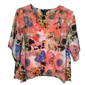 Ali Miles Sheer Top Womens L Petite Multicolor Botanical Floral Artsy Boho Cami